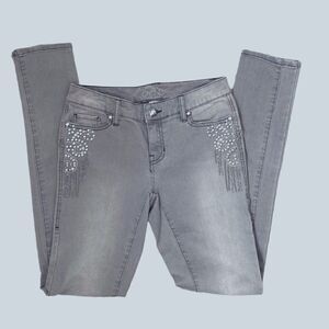 Cache Gray Straight Leg Embellished Beaded Jeans SZ 0
